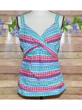 Lands' End 14D Tankini Top Swimsuit Colorful Stripe Tummy Control Slimming